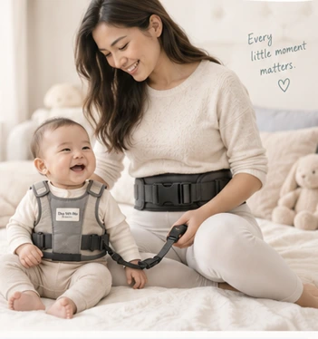 Caregiver and child using a waist belt, vest, and tether outdoors